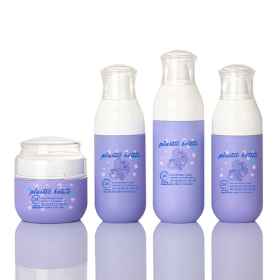 Leere kundenspezifische lila Haarpflege-Spray-Plastikkosmetik-Verpackungsflasche und Gläser-Sets