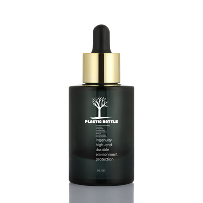 Kundenspezifische Kosmetik-Serumflasche Schwarzes Gold mattierte flache Schulter-Tropfflasche