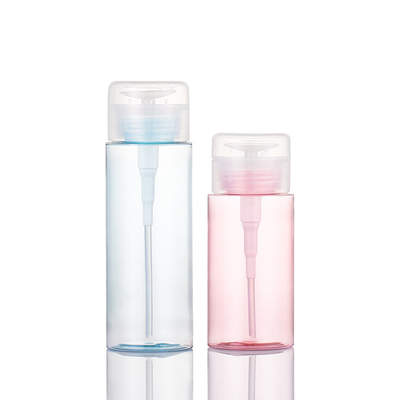 Rosa Make-up-Entferner, Kosmetikverpackung, leere Flasche, blauer Nagellackentferner, Druckpumpe, runder Spender, Flip-Cap