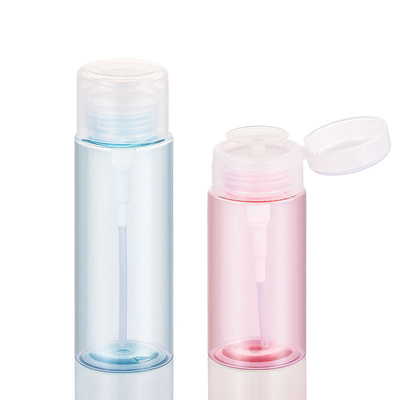 Rosa Make-up-Entferner, Kosmetikverpackung, leere Flasche, blauer Nagellackentferner, Druckpumpe, runder Spender, Flip-Cap