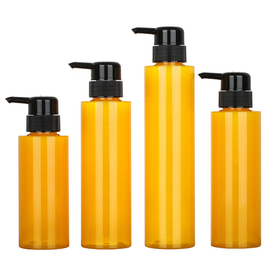Kundenspezifische runde PET-Lotion-Pumpen-Shampoo-Flaschen-Zylinder-Gelbfarbe