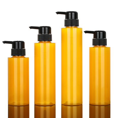 Kundenspezifische runde PET-Lotion-Pumpen-Shampoo-Flaschen-Zylinder-Gelbfarbe